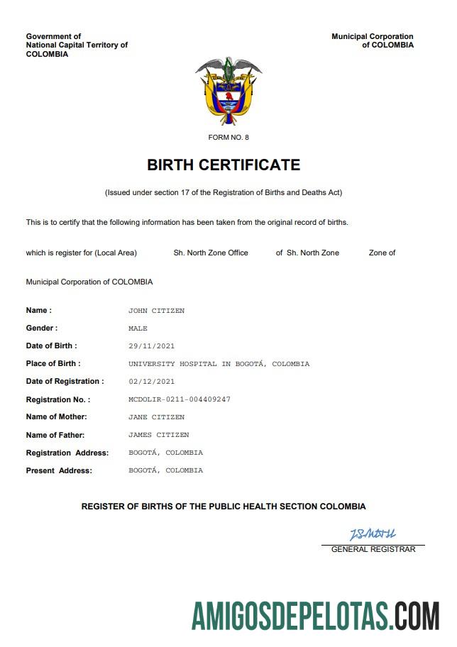 Realista modelo Word e PDF de certidão de nascimento de registro vital da Colômbia